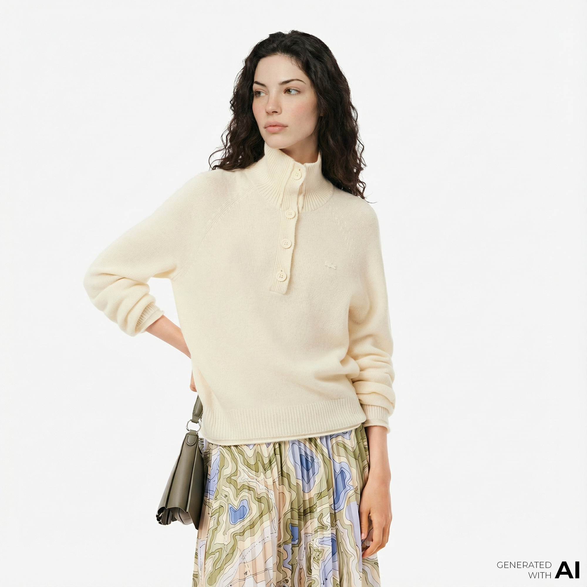  Lacoste Kadın Classic Fit Dik Yaka Krem Kazak