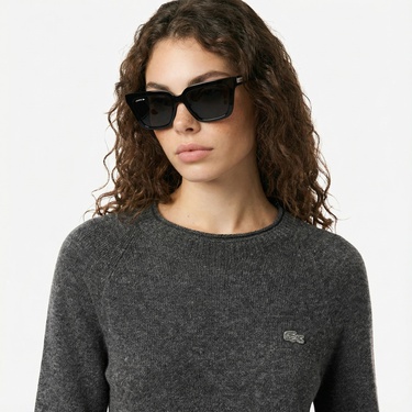  Lacoste Kadın Classic Fit Uzun Kollu Bisiklet Yaka Koyu Gri Elbise