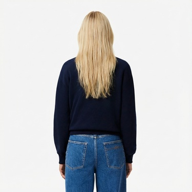  Lacoste Kadın Relaxed Fit Bisiklet Yaka Lacivert Kazak