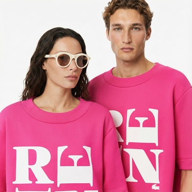  Lacoste Runway Unisex Relaxed Fit Bisiklet Yaka Baskılı Pembe T-Shirt