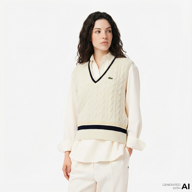  Lacoste Kadın Classic Fit V Yaka Krem Süveter