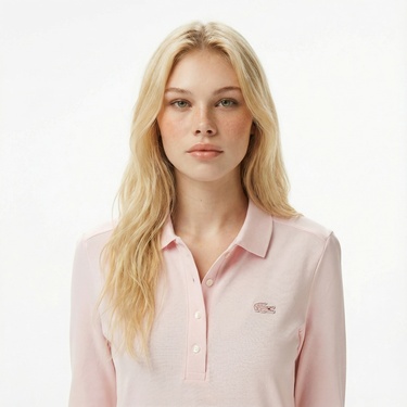  Lacoste Kadın Slim Fit Uzun Kollu Açık Pembe Polo