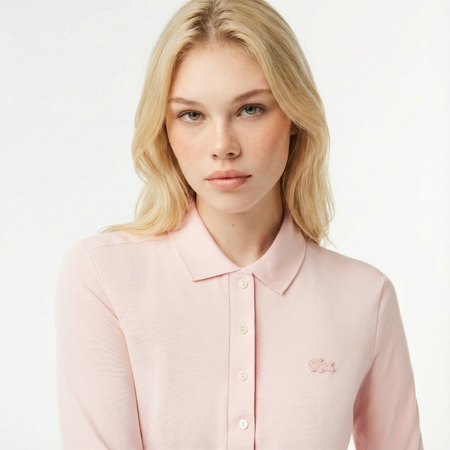  Lacoste Kadın Slim Fit Uzun Kollu Açık Pembe Polo