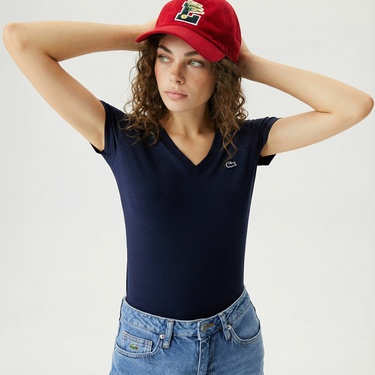  Lacoste Kadın Slim Fit V Yaka Lacivert T-Shirt
