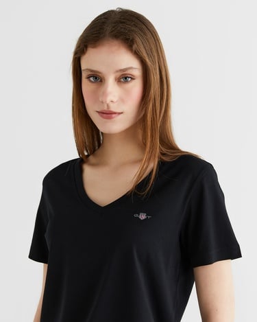  GANT Kadın Siyah V Yaka Regular Fit T-Shirt