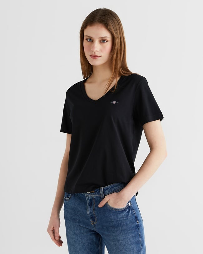  GANT Kadın Siyah V Yaka Regular Fit T-Shirt