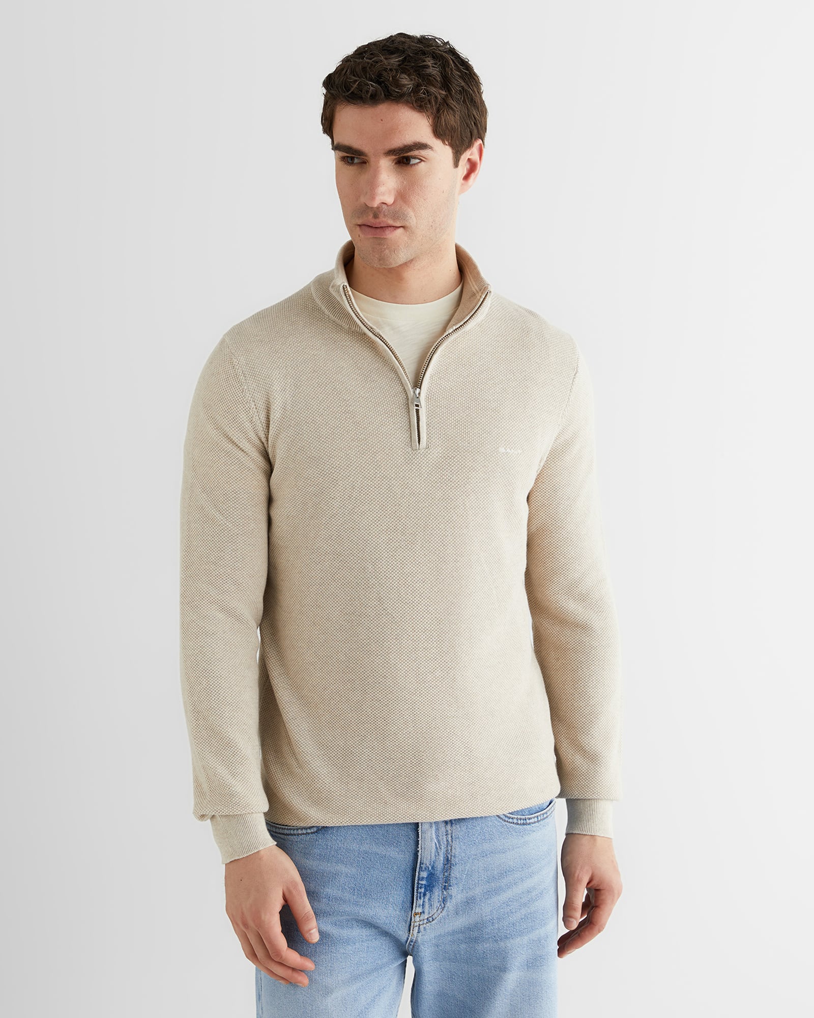  GANT Erkek Bej Regular Fit Yarım Fermuarlı Triko