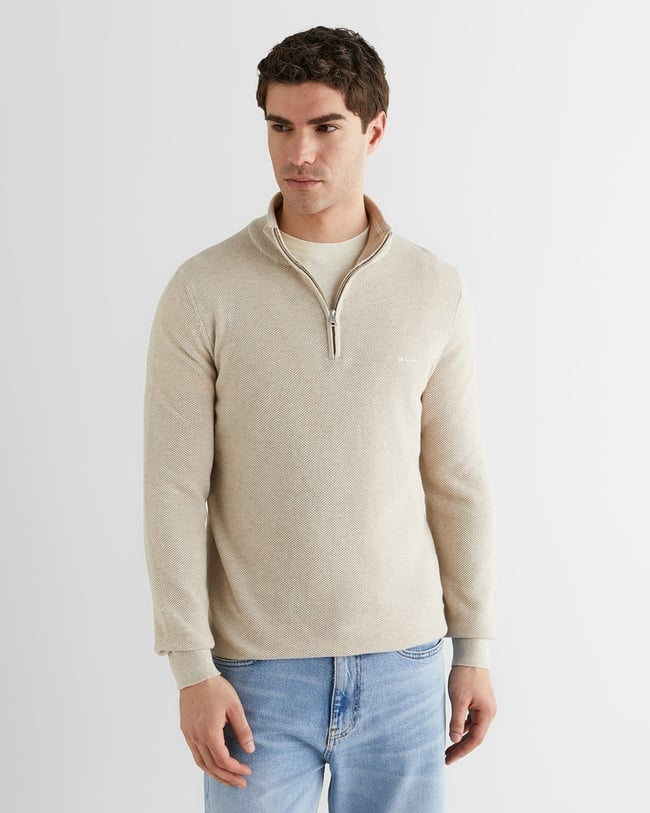  GANT Erkek Bej Regular Fit Yarım Fermuarlı Triko