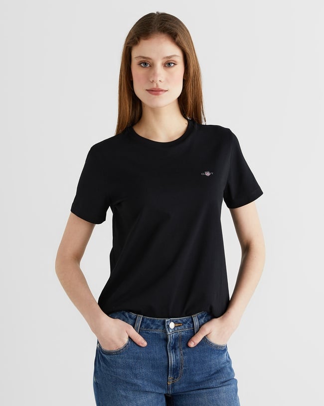  GANT Kadın Siyah Bisiklet Yaka Regular Fit T-Shirt