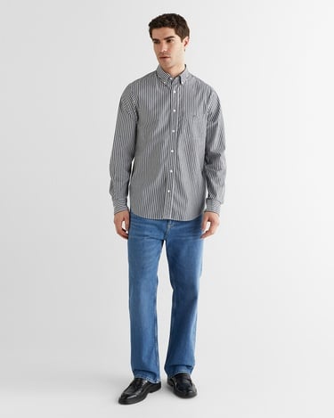  GANT Erkek Siyah Regular Fit Düğmeli Yaka Çizgili Poplin Gömlek