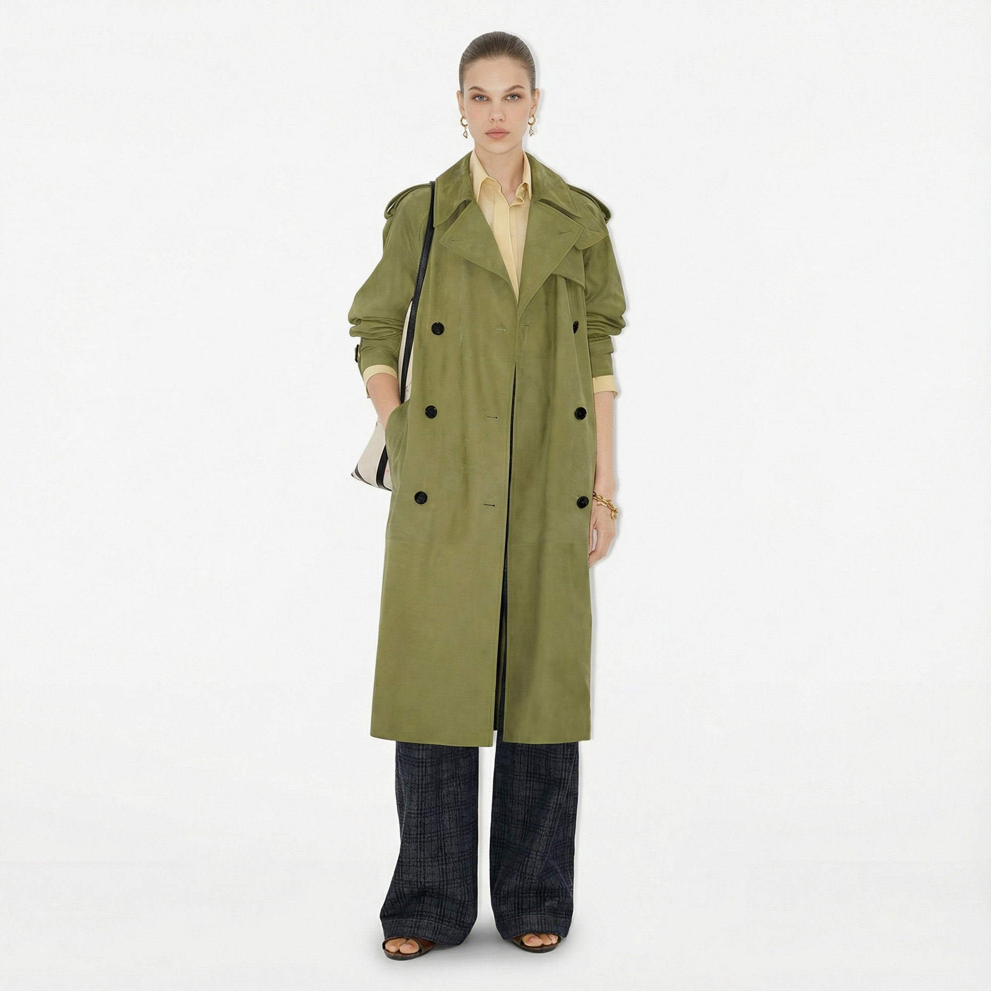 Burberry Long Nubuck Castleford Trench Kadın Haki Palto.8113118.-