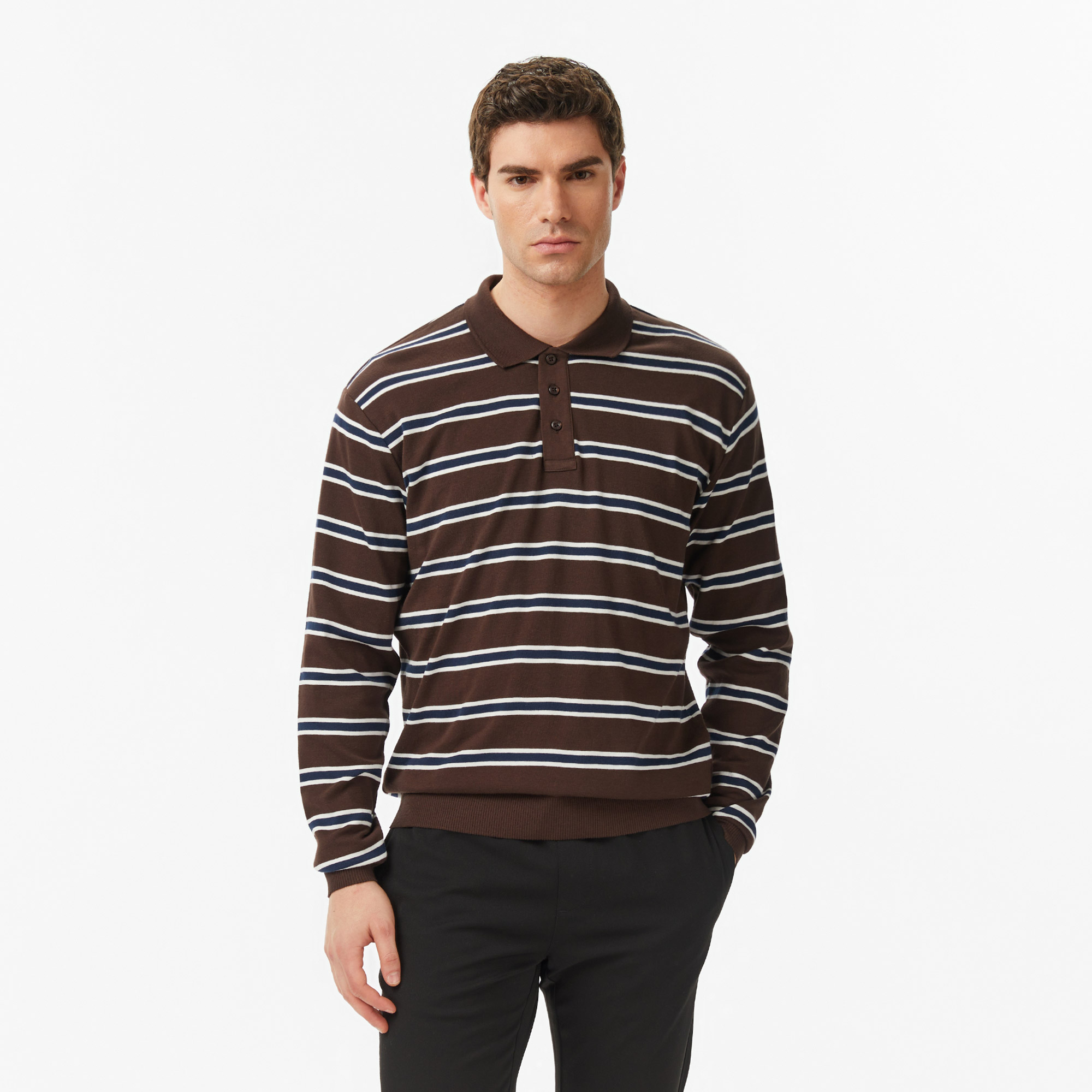  Nautica Erkek Kahverengi Regular Fit Uzun Kollu Çizgili Polo Yaka T-Shirt