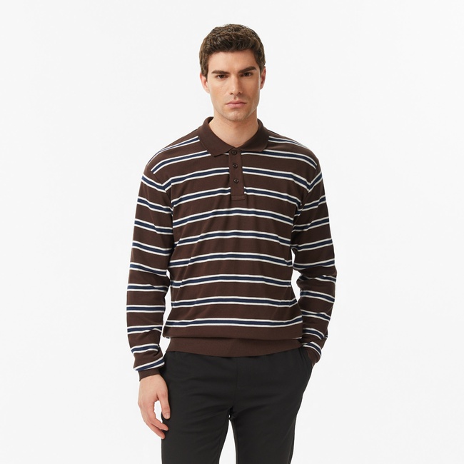  Nautica Erkek Kahverengi Regular Fit Uzun Kollu Çizgili Polo Yaka T-Shirt