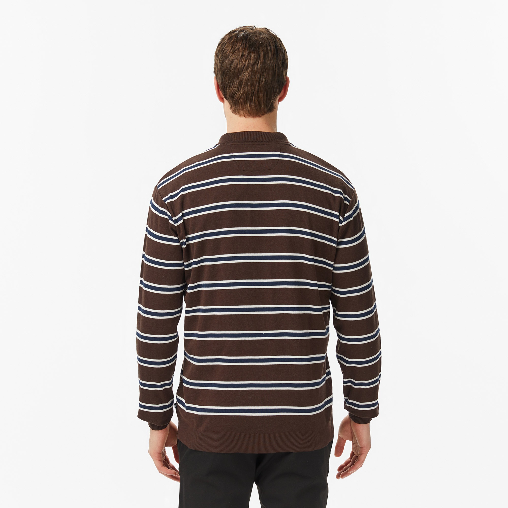 Nautica Erkek Kahverengi Regular Fit Uzun Kollu Çizgili Polo Yaka T-Shirt