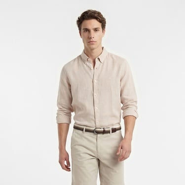  Nautica Erkek Bej Regular Fit Keten Gömlek