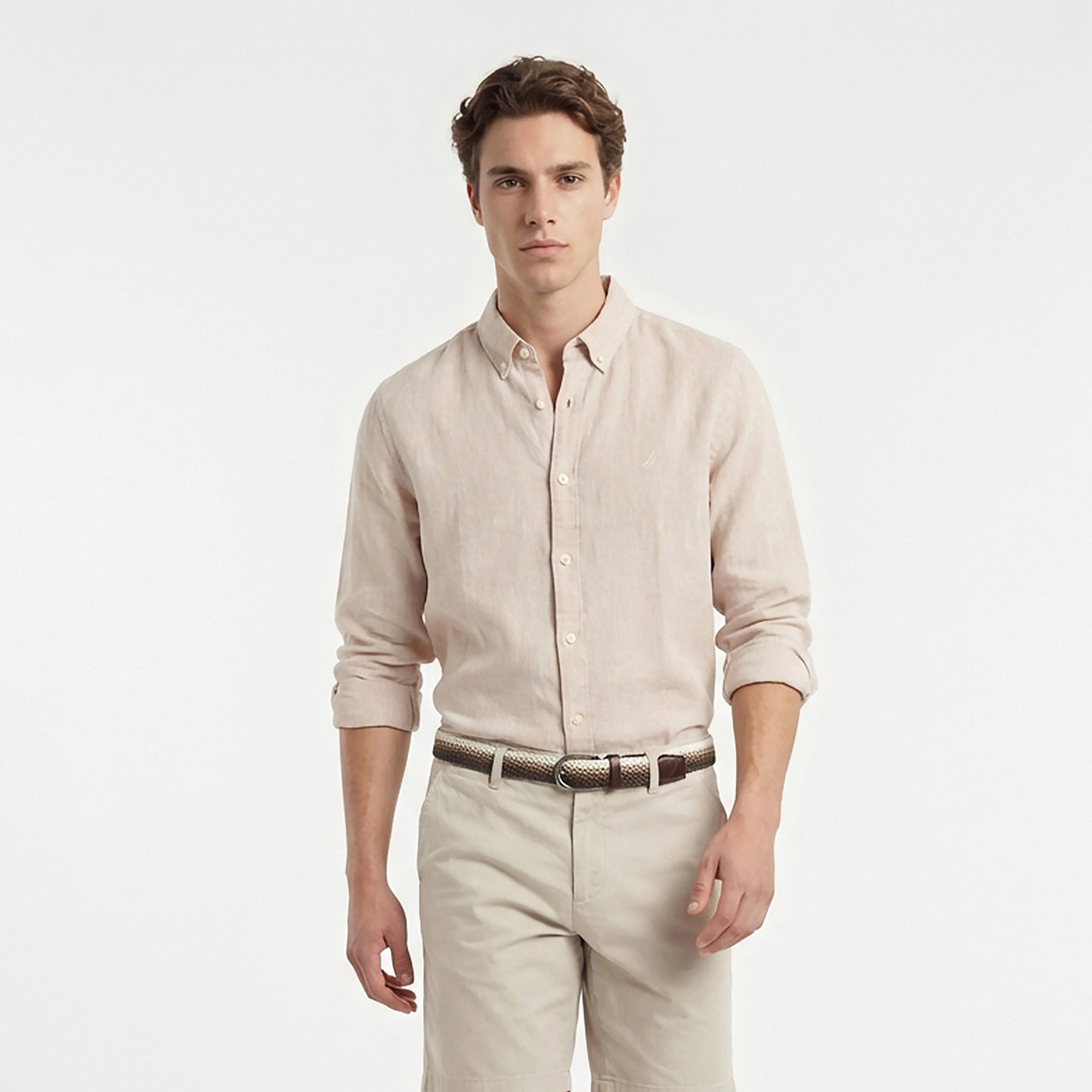  Nautica Erkek Bej Regular Fit Keten Gömlek
