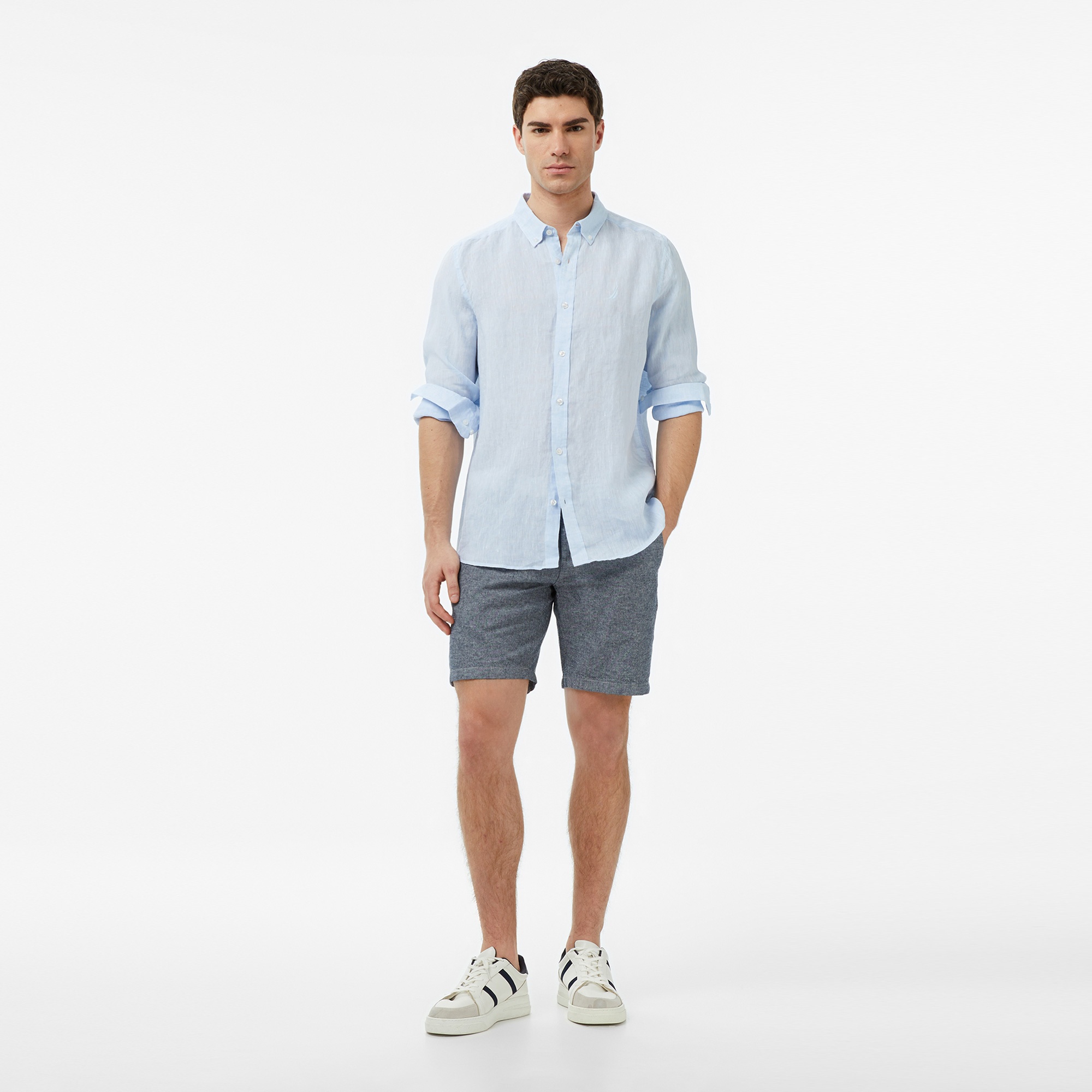 Nautica Erkek Mavi Regular Fit Keten Gömlek