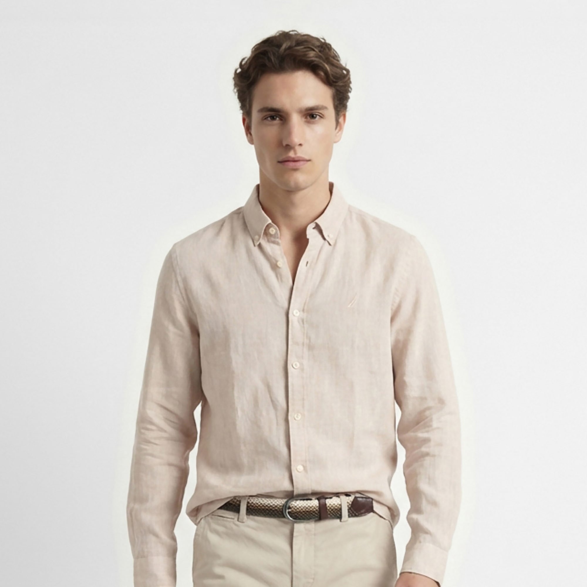 Nautica Erkek Bej Regular Fit Keten Gömlek