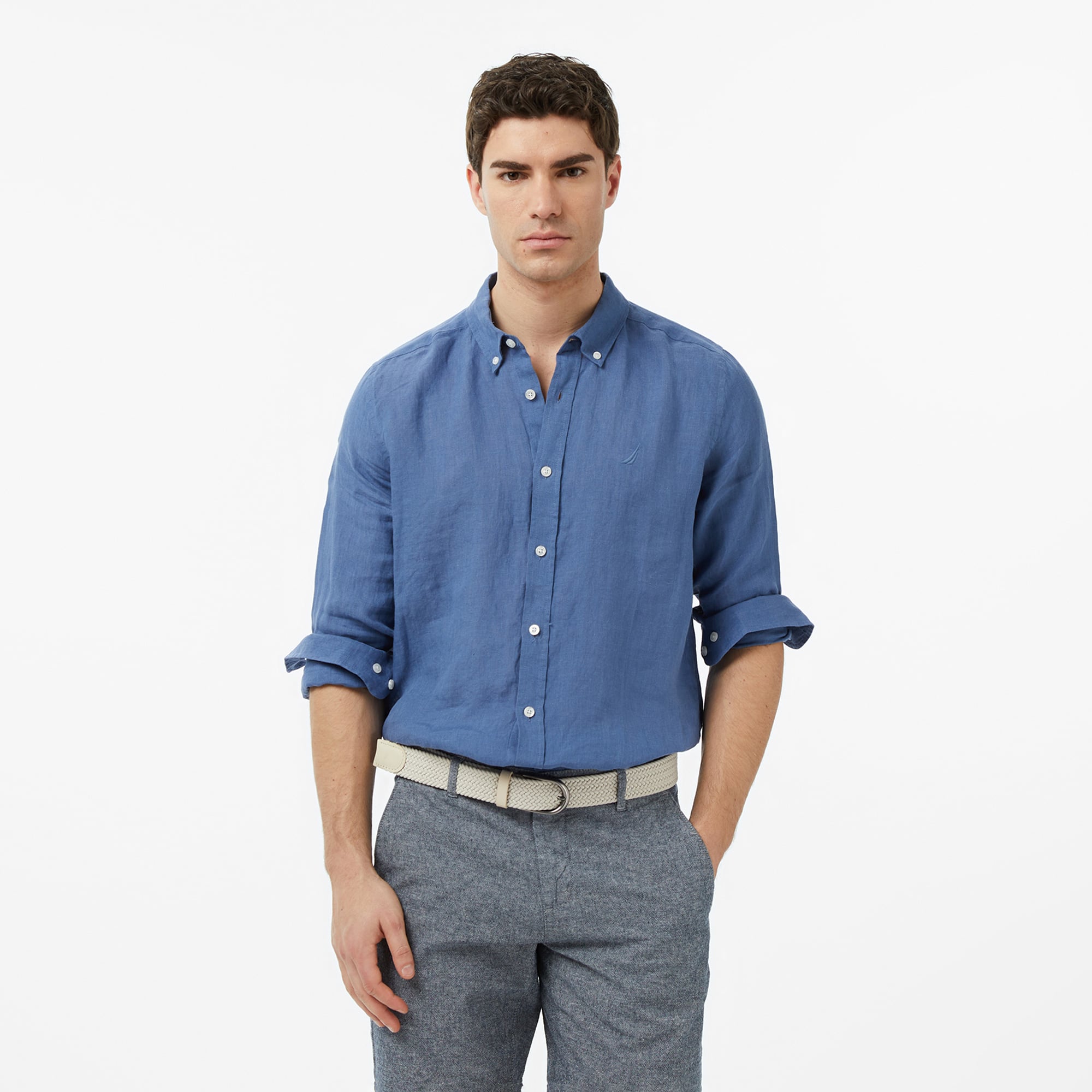  Nautica Erkek Mavi Regular Fit Keten Gömlek