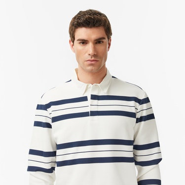  Nautica Erkek Krem Regular Fit Uzun Kollu Çizgili Polo Yaka T-Shirt