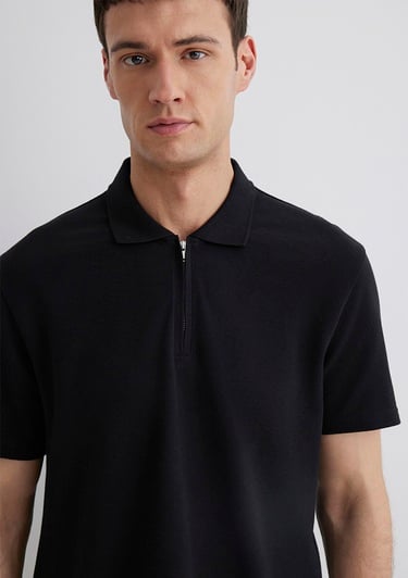  Mavi Yarı Fermuarlı Siyah Polo Tişört Regular Fit / Normal Kesim 0612525-900