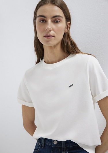  Mavi Mavi Logo Baskılı Ekru Tişört Regular Fit / Normal Kesim 1613407-70057