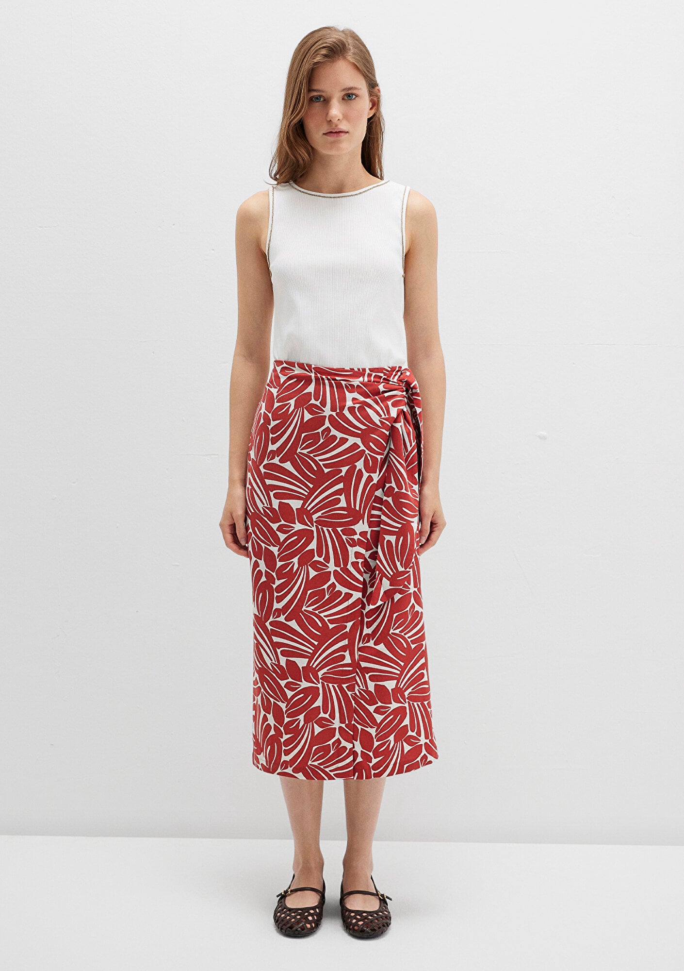 Mavi Bağlama Detaylı Baskılı Kırmızı Etek 1310765-91314