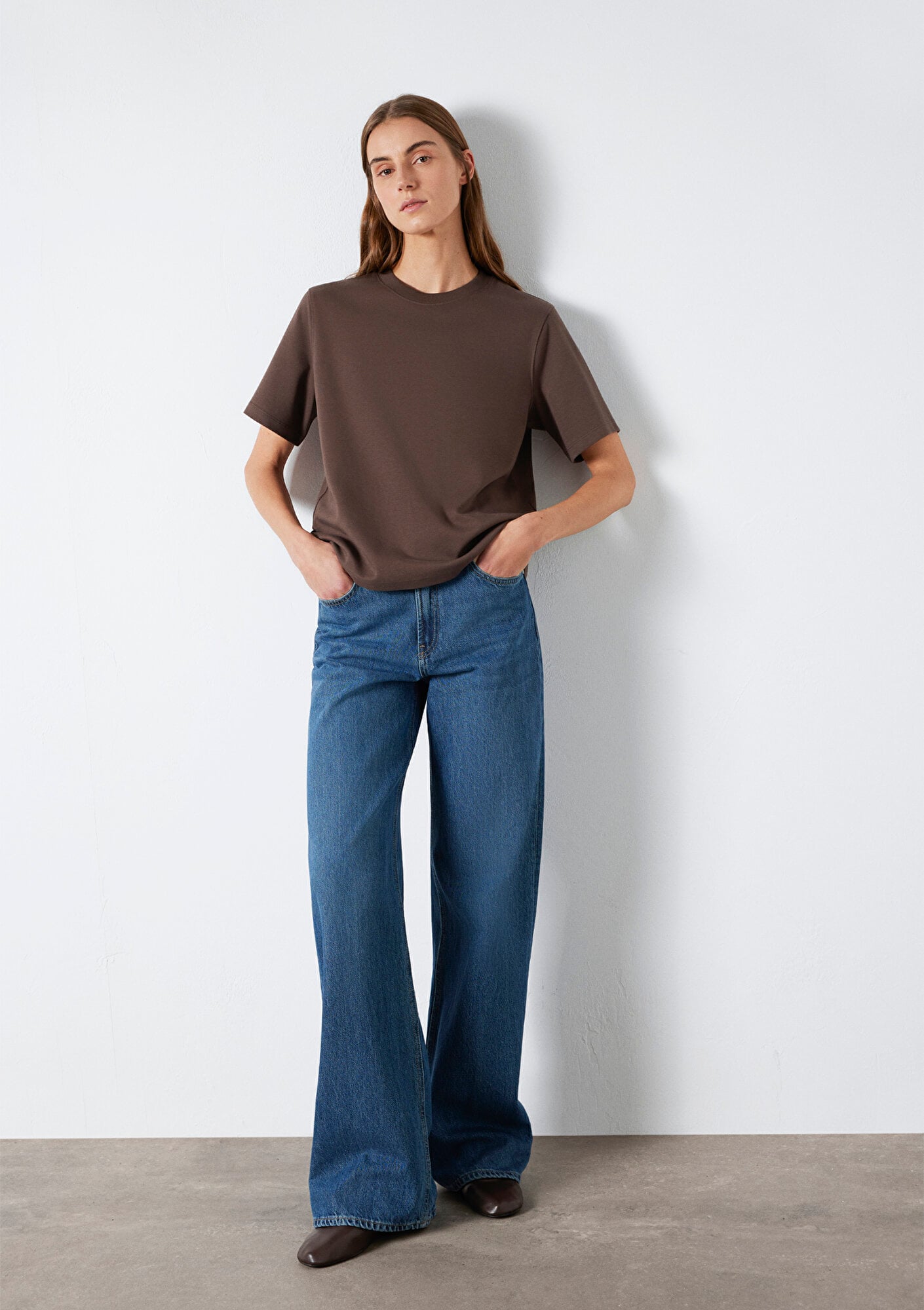 Mavi Kahverengi Basic İnterlok Tişört Loose Fit / Bol Rahat Kesim 1613820-71603