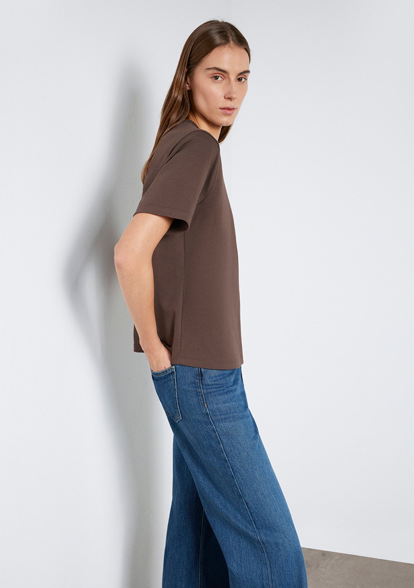 Mavi Kahverengi Basic İnterlok Tişört Loose Fit / Bol Rahat Kesim 1613820-71603