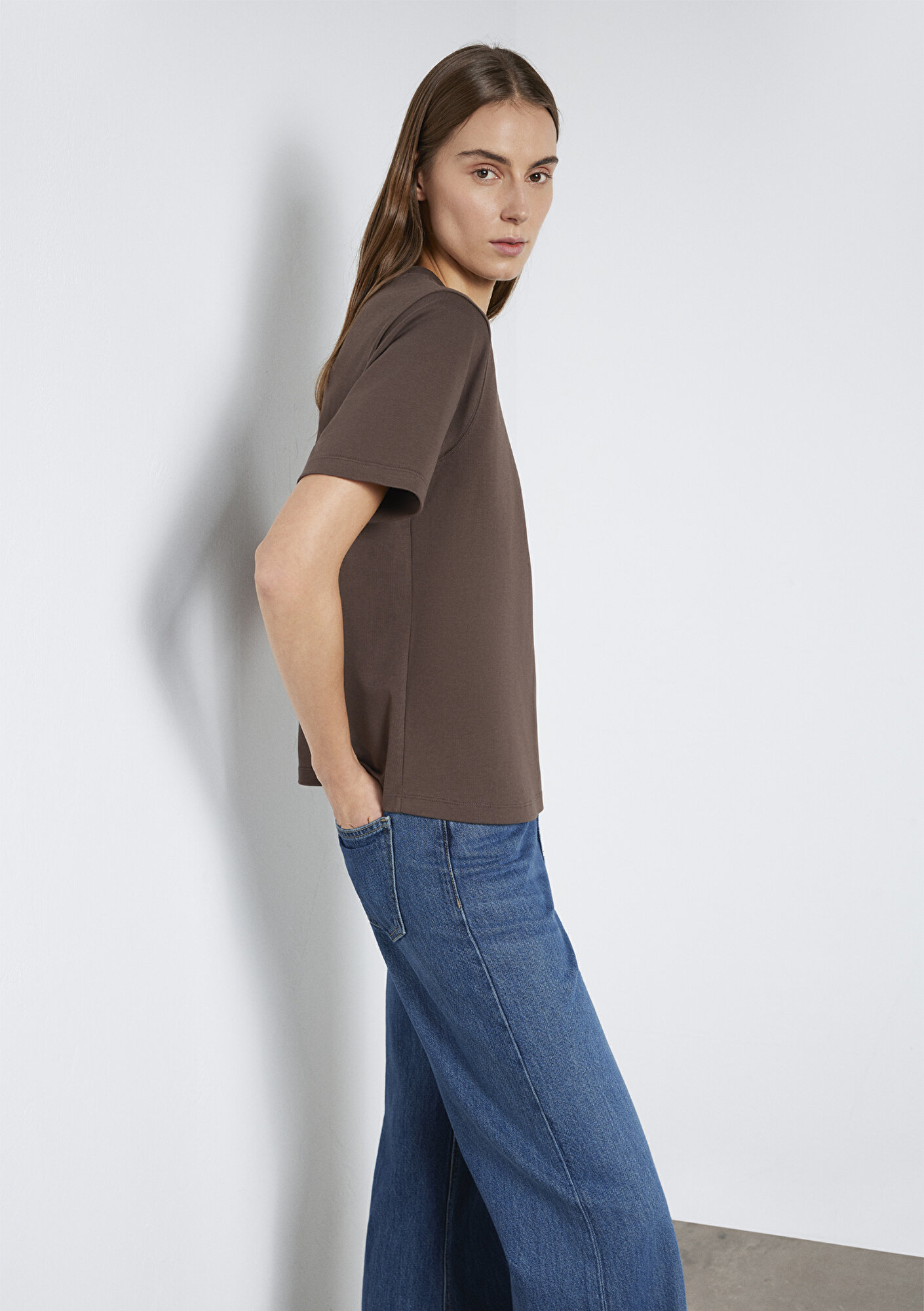  Mavi Kahverengi Basic İnterlok Tişört Loose Fit / Bol Rahat Kesim 1613820-71603