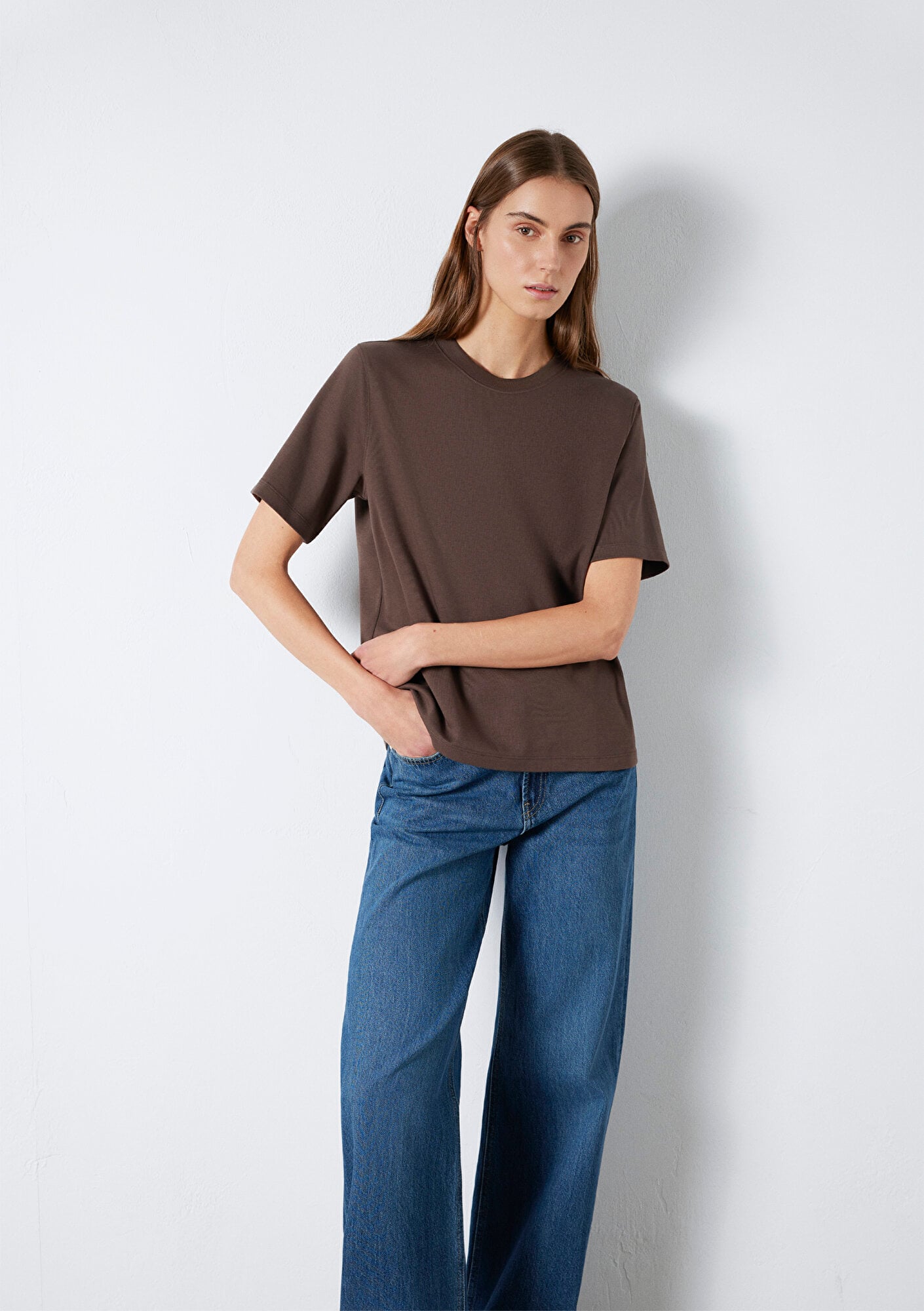 Mavi Kahverengi Basic İnterlok Tişört Loose Fit / Bol Rahat Kesim 1613820-71603