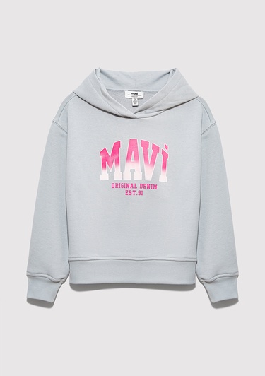  Mavi Mavi Logo Baskılı Kapüşonlu Gri Sweatshirt 7S10179-70075