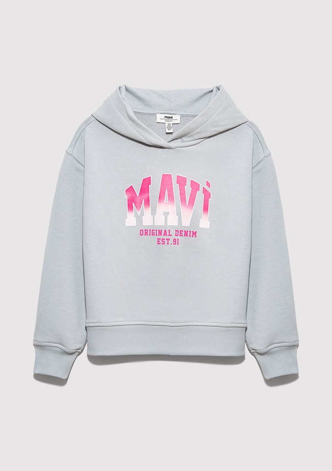  Mavi Mavi Logo Baskılı Kapüşonlu Gri Sweatshirt 7S10179-70075