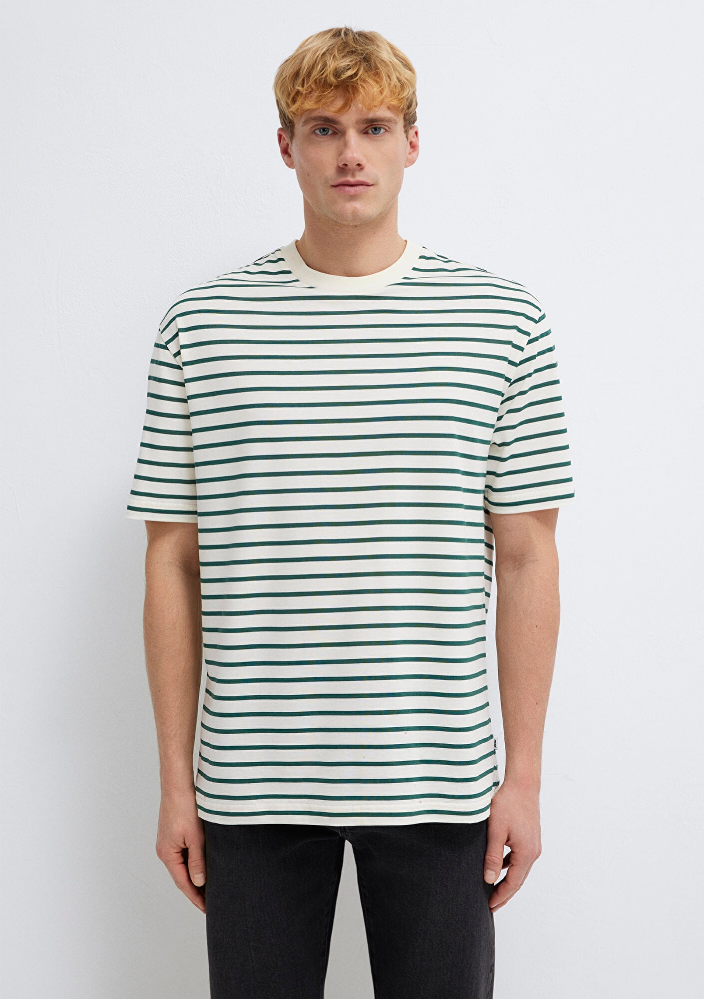 Mavi Yeşil Çizgili Ekru Tişört Loose Fit / Bol Rahat Kesim 0613274-71930