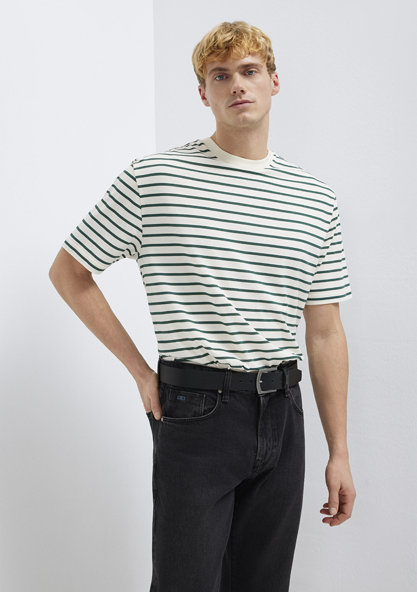 Mavi Yeşil Çizgili Ekru Tişört Loose Fit / Bol Rahat Kesim 0613274-71930