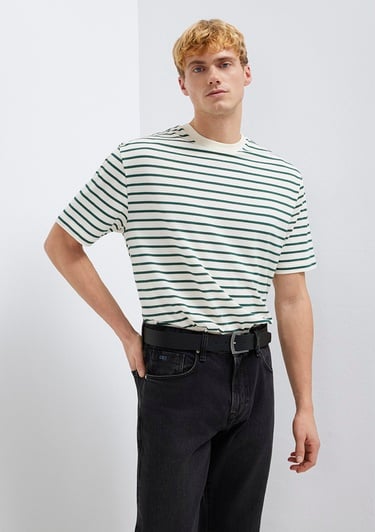  Mavi Yeşil Çizgili Ekru Tişört Loose Fit / Bol Rahat Kesim 0613274-71930