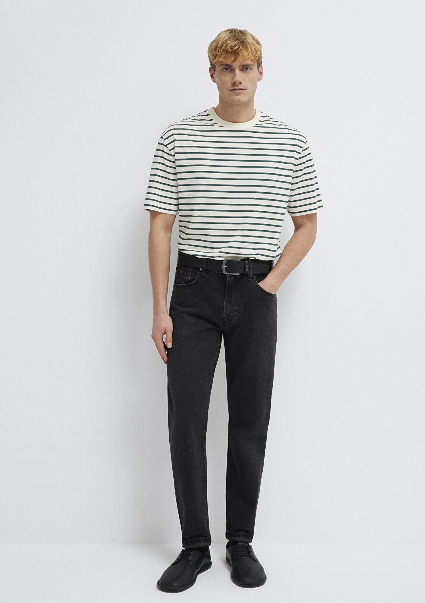 Mavi Yeşil Çizgili Ekru Tişört Loose Fit / Bol Rahat Kesim 0613274-71930