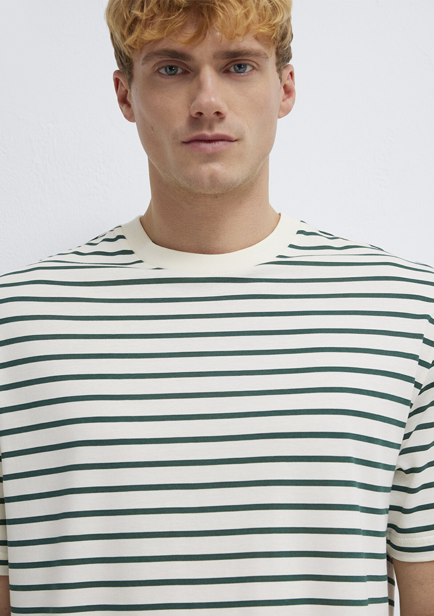 Mavi Yeşil Çizgili Ekru Tişört Loose Fit / Bol Rahat Kesim 0613274-71930