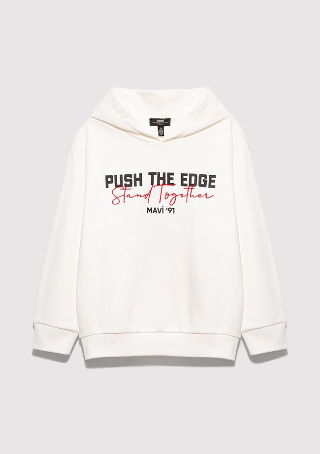  Mavi Stand Together Baskılı Kapüşonlu Ekru Sweatshirt 6S10181-70057