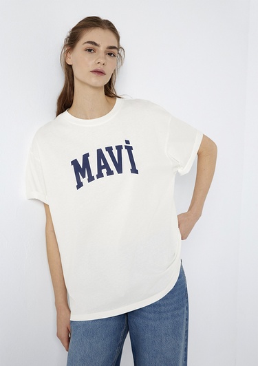  Mavi Mavi Logo Baskılı Ekru Tişört. Oversize / Geniş Kesim 1600843-81964