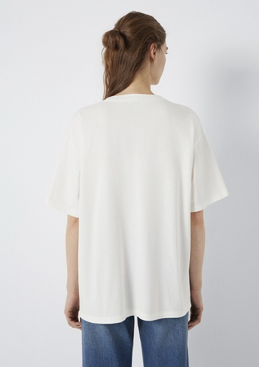  Mavi Mavi Logo Baskılı Ekru Tişört. Oversize / Geniş Kesim 1600843-81964
