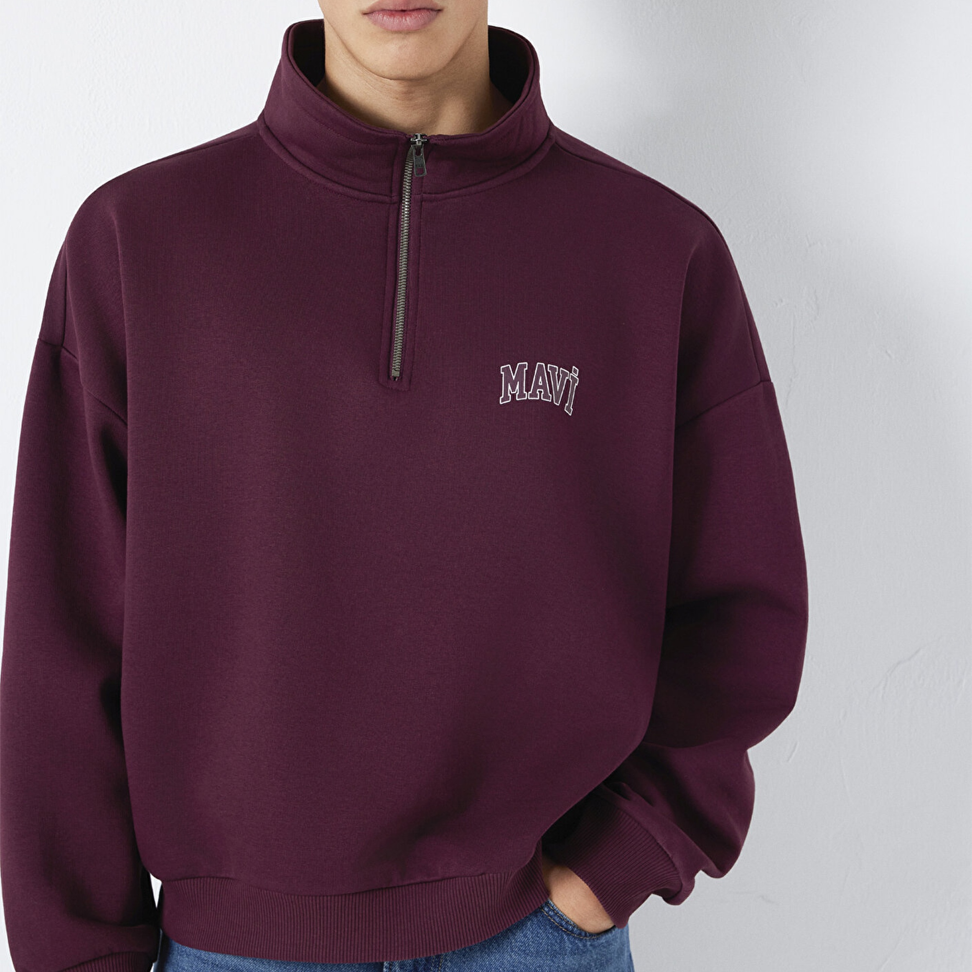 Mavi Mavi Logo Baskılı Yarı Fermuarlı Bordo Sweatshirt 0S10208-70434