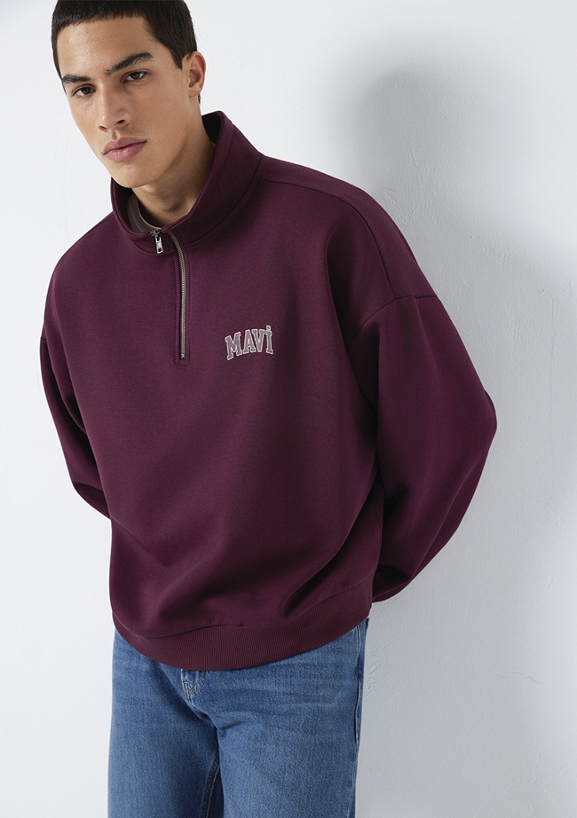  Mavi Mavi Logo Baskılı Yarı Fermuarlı Bordo Sweatshirt 0S10208-70434