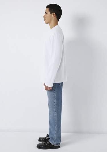  Mavi Uzun Kollu Beyaz Basic Tişört Loose Fit / Bol Rahat Kesim 0613170-620