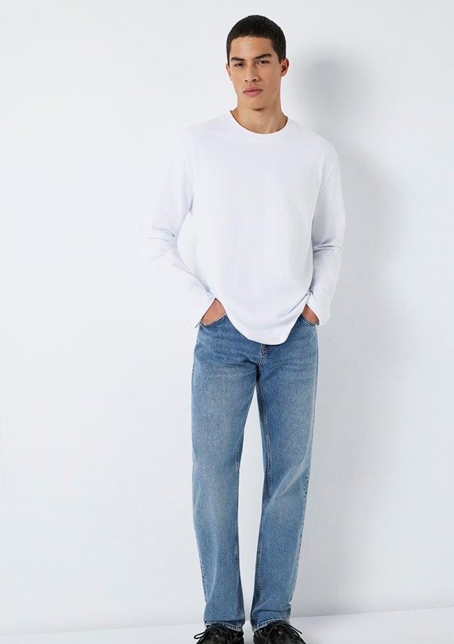  Mavi Uzun Kollu Beyaz Basic Tişört Loose Fit / Bol Rahat Kesim 0613170-620