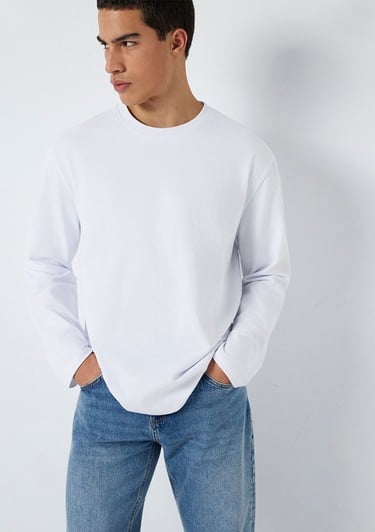  Mavi Uzun Kollu Beyaz Basic Tişört Loose Fit / Bol Rahat Kesim 0613170-620