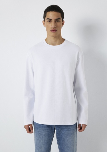  Mavi Uzun Kollu Beyaz Basic Tişört Loose Fit / Bol Rahat Kesim 0613170-620