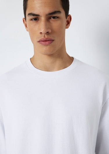  Mavi Uzun Kollu Beyaz Basic Tişört Loose Fit / Bol Rahat Kesim 0613170-620