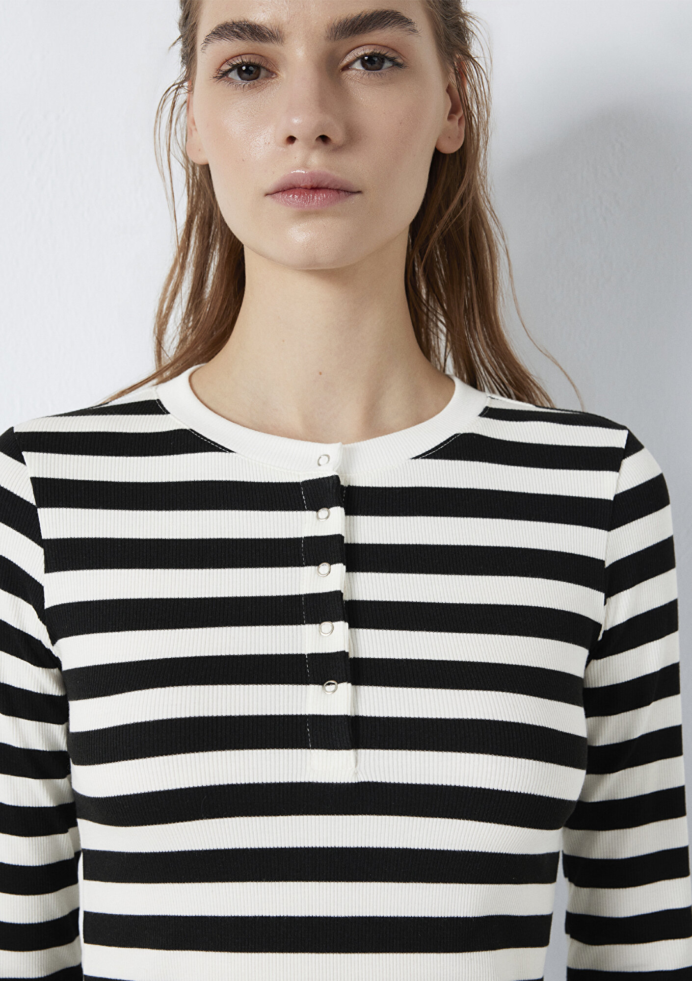  Mavi Uzun Kollu Siyah Çizgili Ekru Tişört  1613767-85407