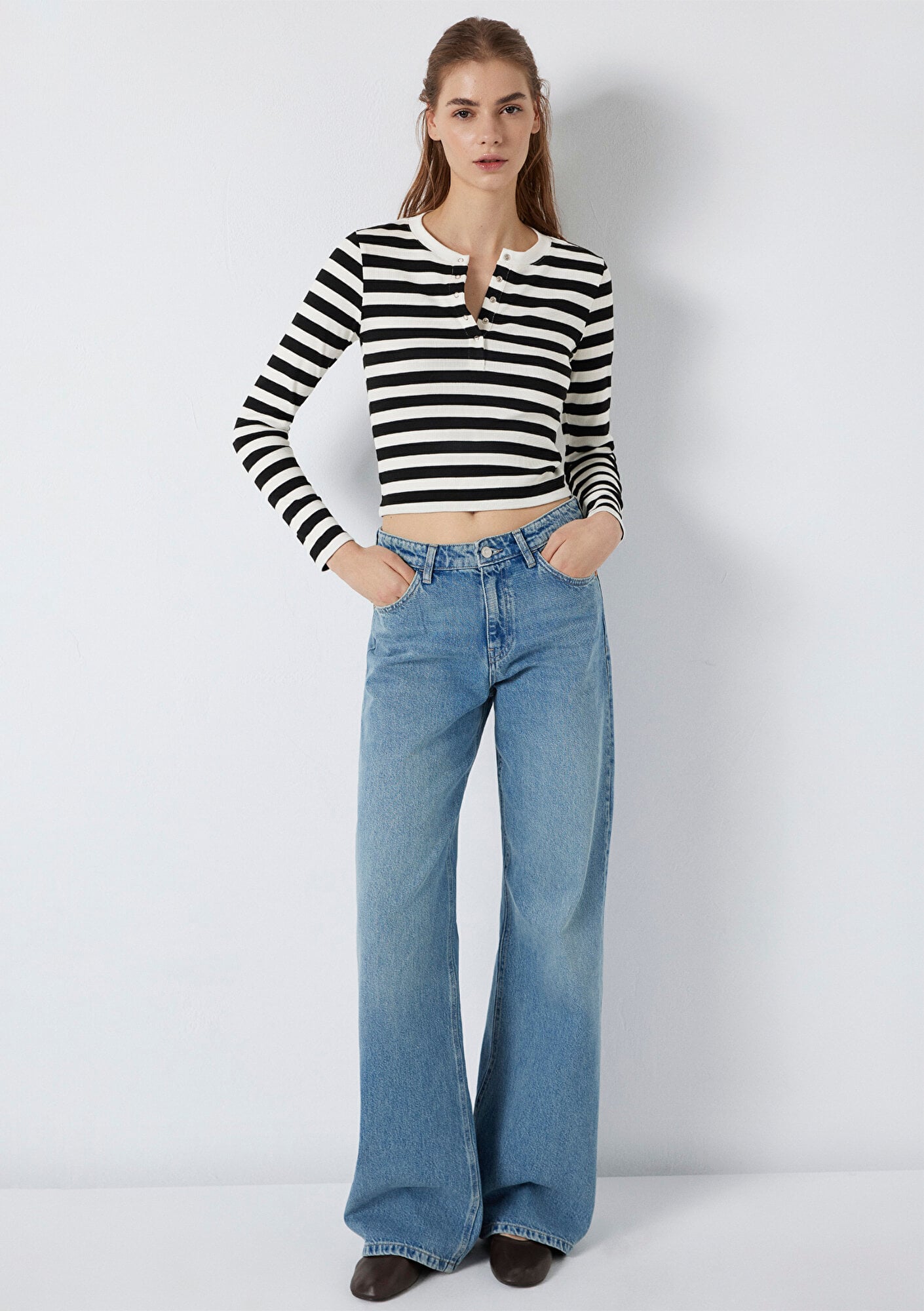 Mavi Uzun Kollu Siyah Çizgili Ekru Tişört  1613767-85407